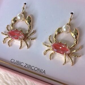 Whimsical Gold and Coral Pink Crab Pearl Cubic Zirconia Earrings